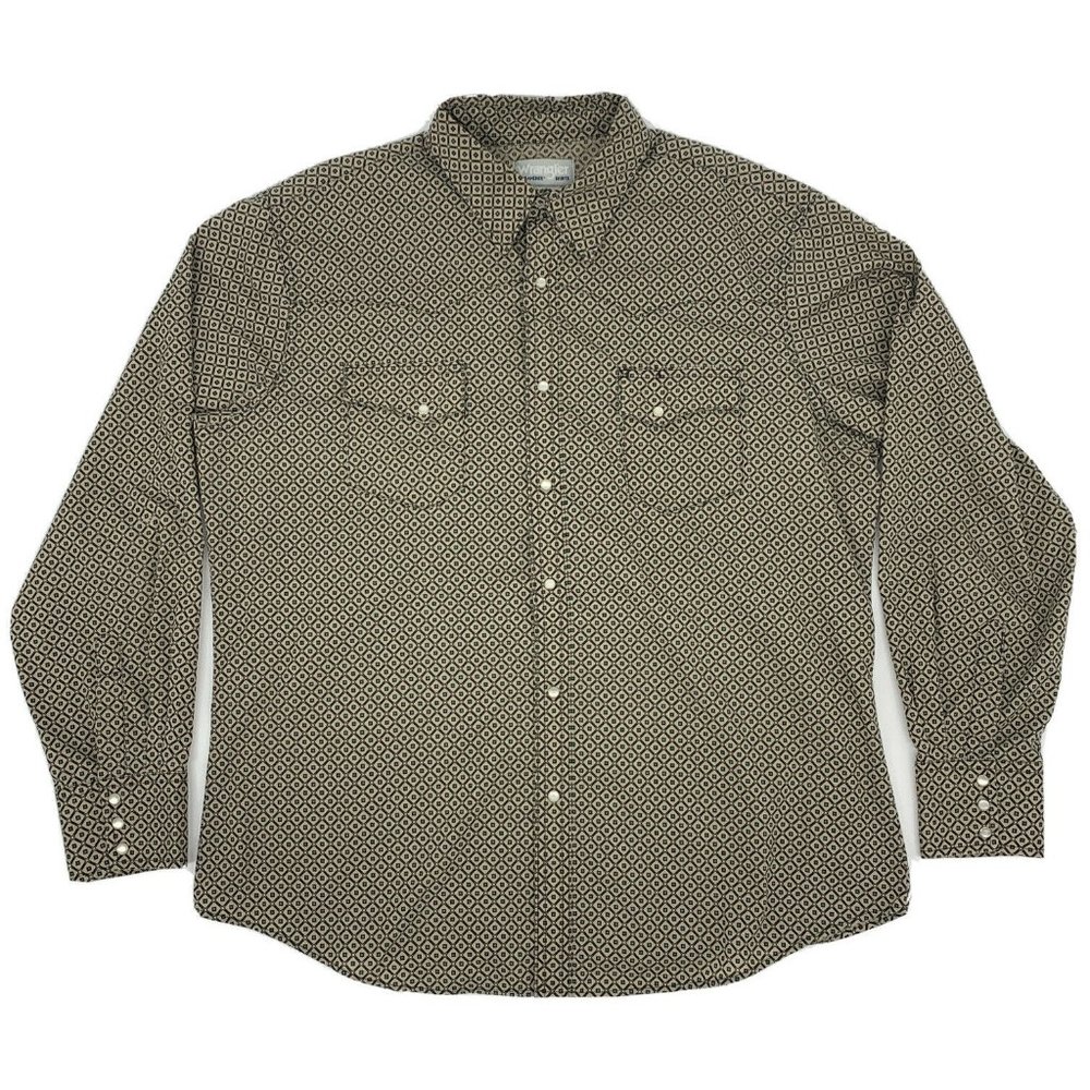 Men's Wrangler Wrancher L/S Button Up Shirt Pearl Snap Tan Geometric Design XL